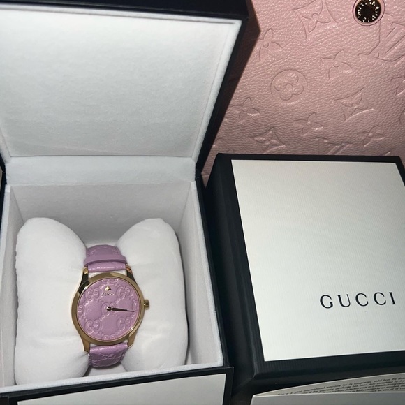 Gucci watch lilac pink purple magenta leather gg monogram gold logo strap rare - Picture 3 of 7